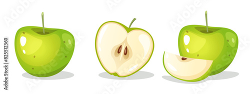 Fresh green apple fruit whole, half and sliced isolated on a white background
