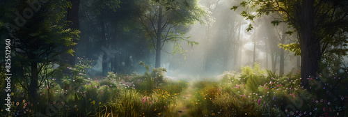 Misty Forest Wonderland with Sunlit Canopy, Colorful Wildflowers, and Inviting Pathway for Tranquil Exploration