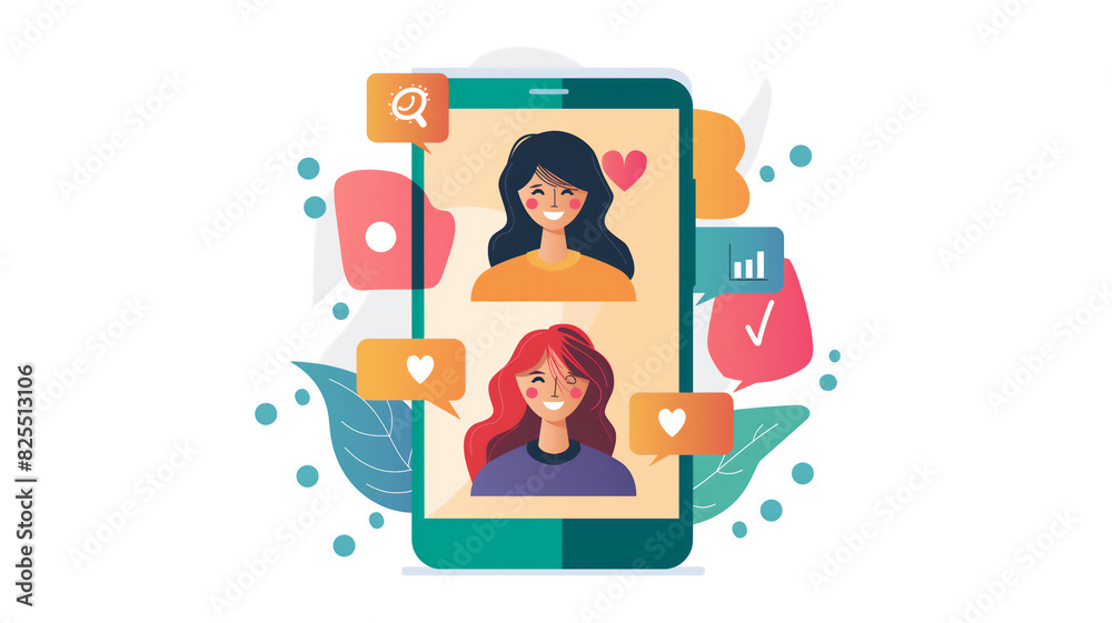 Illustration of two women smiling on a smartphone screen, surrounded by chat icons, hearts, and graphs, symbolizing online communication and social interaction.