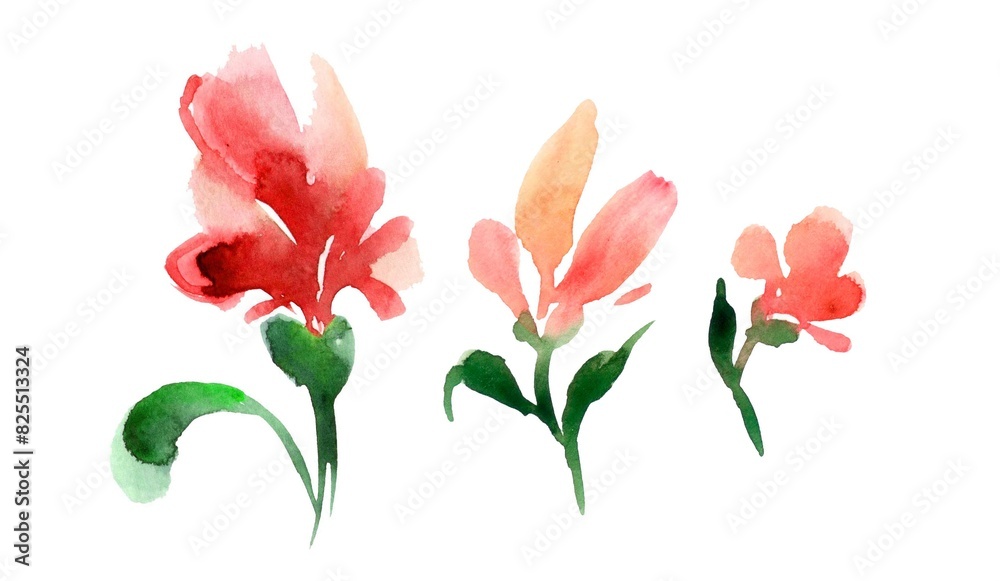 A delicate watercolor illustration set of soft red flowers, resembling a child's drawing, on a white background A delicate watercolor illustration set of soft red flowers, resembling a child's drawing, on a white background