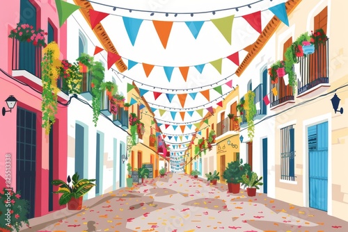 An illustration of a lively, colorful street in Spain, adorned with traditional decorations for the Fiesta celebration.