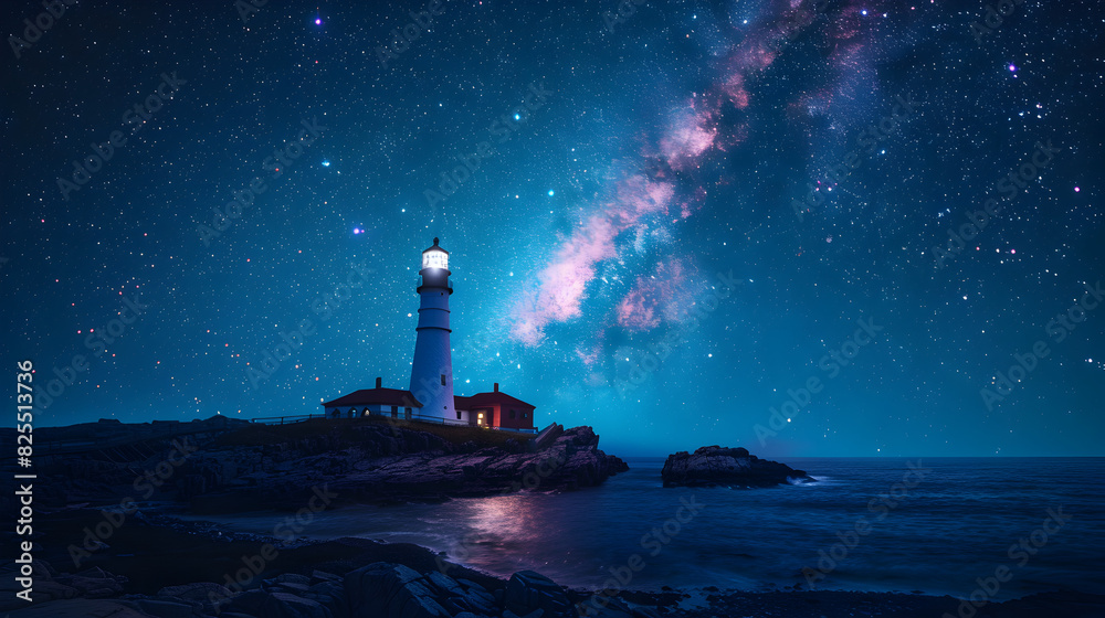 Lighthouse on a Rocky Shore Under a Night Sky Lighthouse on a Rocky Shore Under a Night Sky