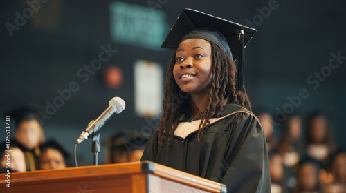 Serene African American female graduate addressing audience at ceremony