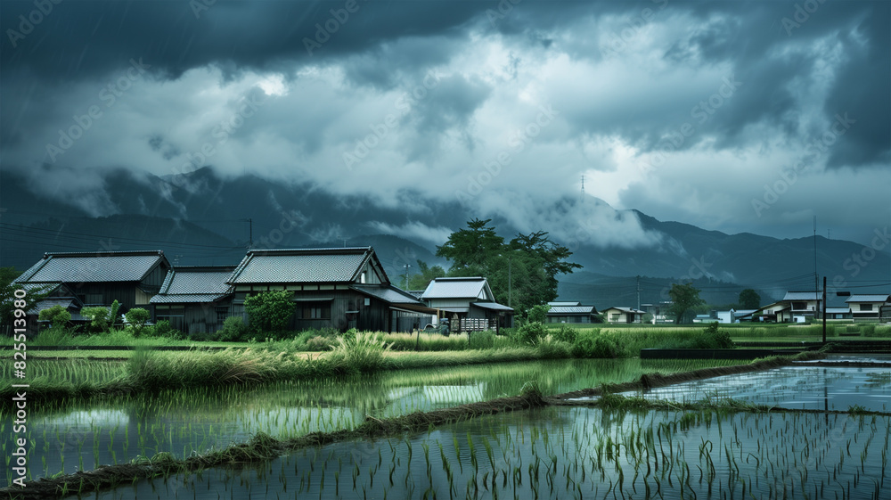 Fototapeta premium 雨に打たれる田園風景 梅雨