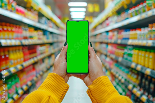 野菜や果物が並ぶ棚の近くの店で、クロマキーの背景を持つスマートフォンを手に持っています。
コンセプト: モバイル アプリケーション、アプリケーション デモンストレーション、コンテンツ作成。 photo