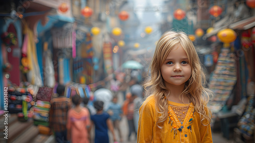 Little Girl Walking Down a Street Next to a Crowd