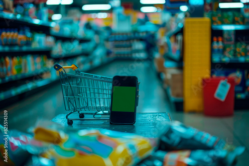 A hand holds a smartphone with a chromakey background in a store near the shelves with vegetables and fruits.
Concept: mobile applications, application demonstration, content creation.
