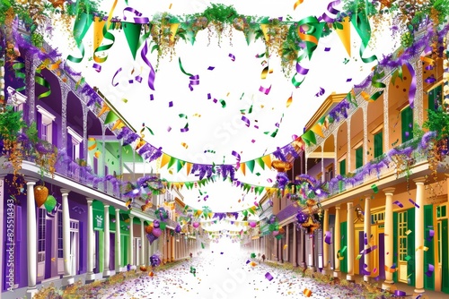 A festive Mardi Gras street scene with colorful decorations, flags, and streamers. Illustration on a clear white background --ar 3:2 --style raw Job ID: a1a5491d-523f-467f-aabe-b52b2c33e906 © Jennie Pavl