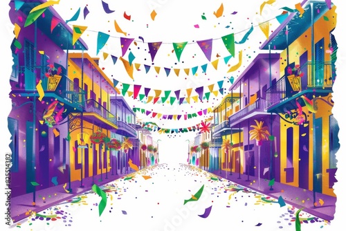A festive Mardi Gras street scene with colorful decorations, flags, and streamers.  photo