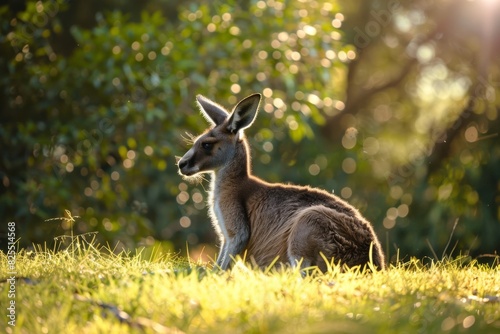 Experience the tranquility of a kangaroo enjoying the warm sunlight amidst lush greenery and a clear blue sky in the Australian outback.