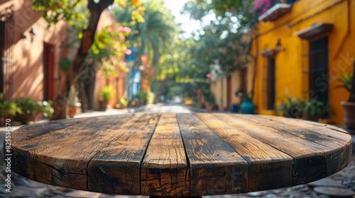 With a colorful blurred Mexican street scene behind a rustic wooden tabletop