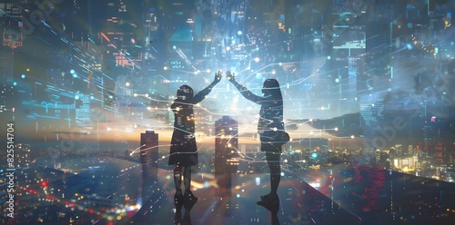 double exposure .Three business people doing a high five gesture with hologram digital technology and a city background photo
