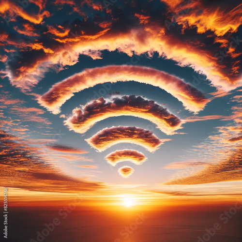 WiFi Symbol Formed by Clouds at Sunset.