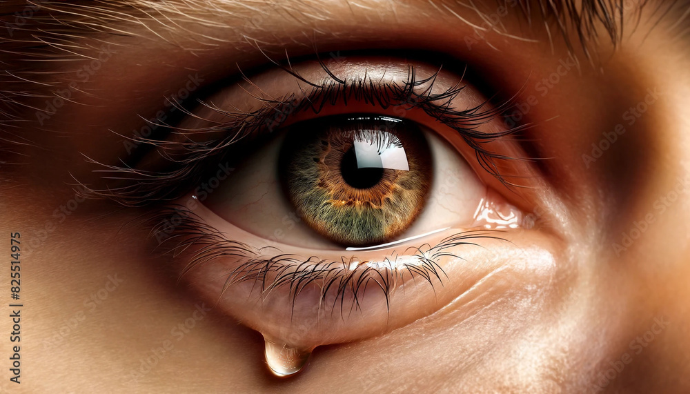 Fototapeta premium A close up of a person's eye with a tear rolling down it