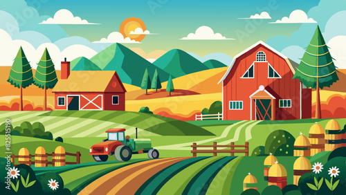 Countryside Farm Landscape with Barns, Fields, and Animals - Idyllic Rural Vector Illustration