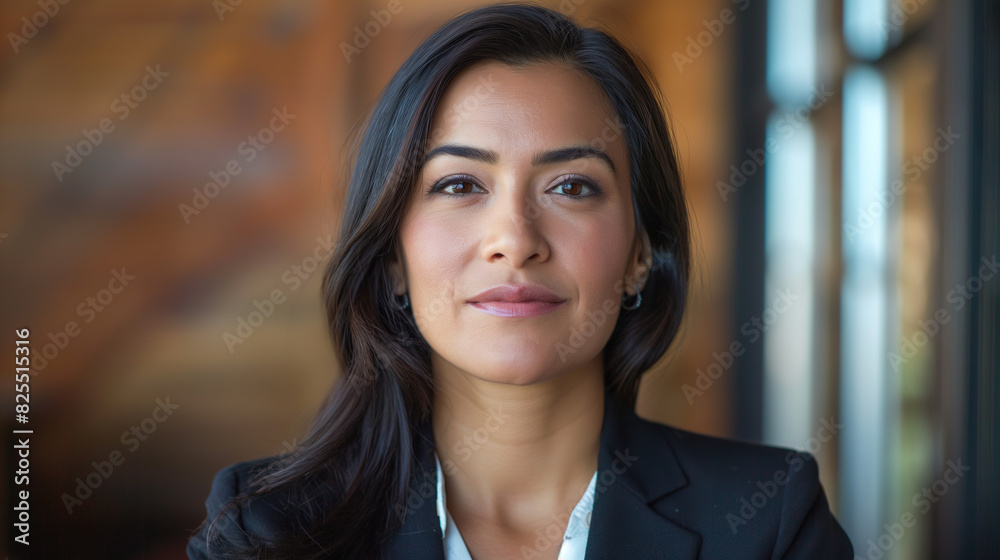 Portrait of a beautiful Latin business woman looking at the camera with a blurred background, in a close up shot, wearing a suit and white shirt,