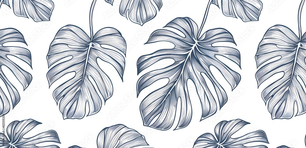 Tropical leaves seamless pattern, line art vector illustration with simple lines and big monstera leaves on a white background