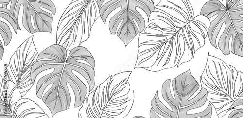 Tropical leaves seamless pattern  line art vector illustration with simple lines and big monstera leaves on a white background