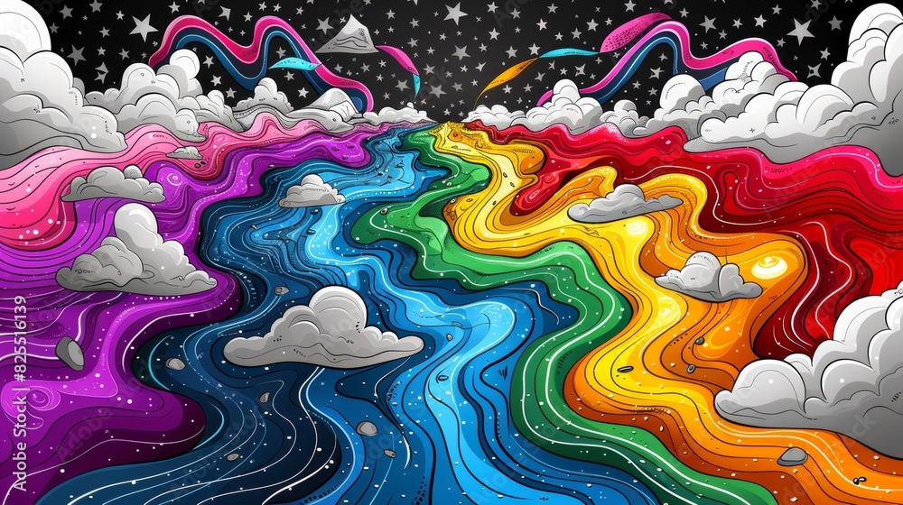 A colorful painting of a rainbow river with stars in the sky, AI