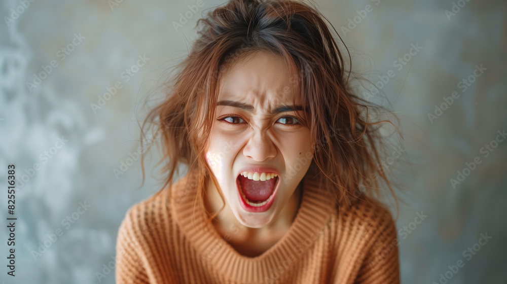 Half-Length Photograph of a Young Woman Yelling with Joy: Simple Background, Strong Facial Expression Half-Length Photograph of a Young Woman Yelling with Joy: Simple Background, Strong Facial Expression