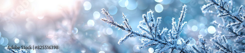 banner winter background - icy twigs and bokeh in blue and white for winter advertisement photo
