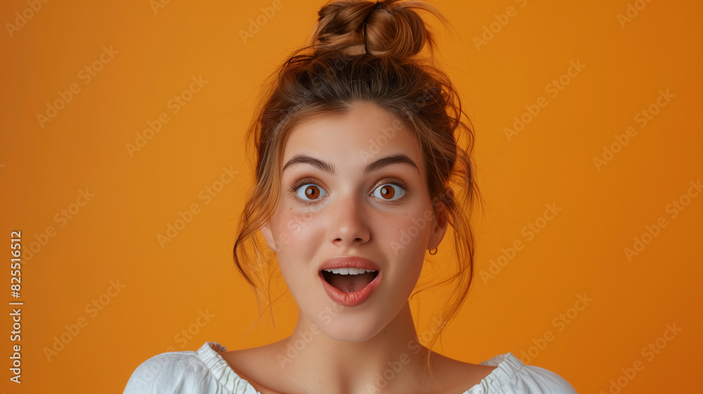 Lovely Young Lady in Trendy White Garment with Surprised Face: Isolated on Orange Background Lovely Young Lady in Trendy White Garment with Surprised Face: Isolated on Orange Background