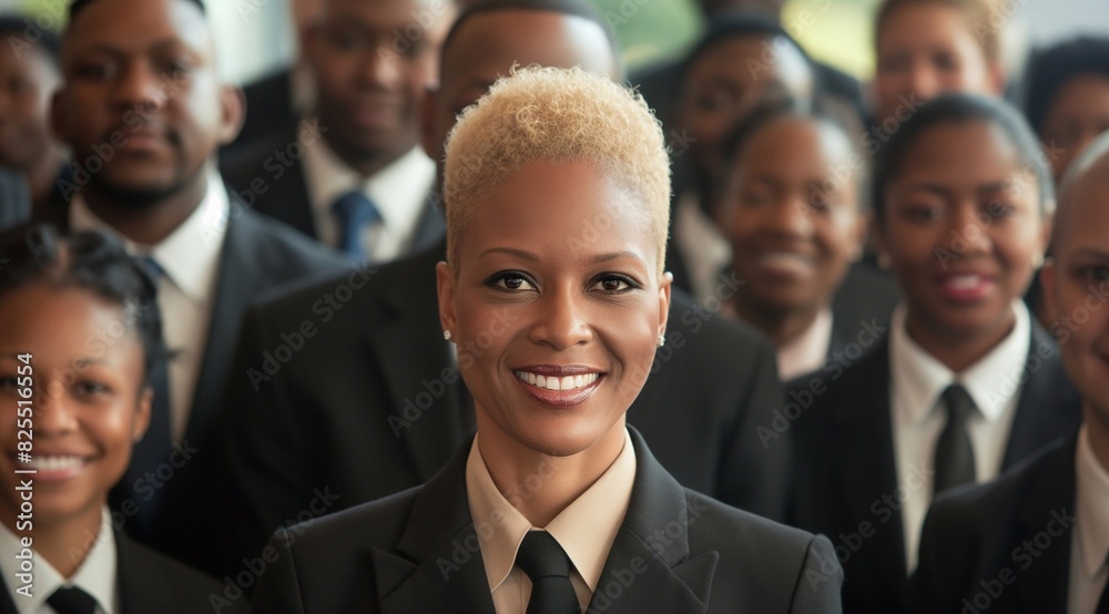 A group of business people are smiling and looking at the camera. In the center is an African American woman with blonde hair wearing a suit standing out from the crowd. generative AI A group of business people are smiling and looking at the camera. In the center is an African American woman with blonde hair wearing a suit standing out from the crowd. generative AI