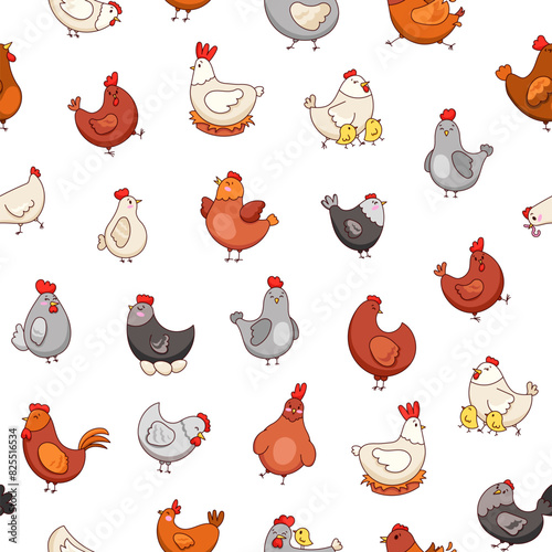 Hen rooster and chick. Seamless pattern. Cute chicken farm characters. Vector drawing. Design ornaments.