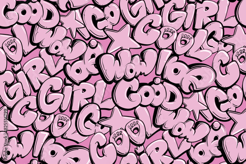 Abstract seamless chaotic pattern with graffiti background. Lettering urban ornament. Grunge texture background. Wallpaper for girl sport clothes. Fashion cool teen style