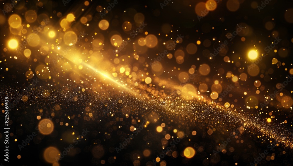 Golden bokeh lights and glitter particles on a black background, glowing light effect Abstract motion blurred dots with sparkles for a luxury design element Generative AI