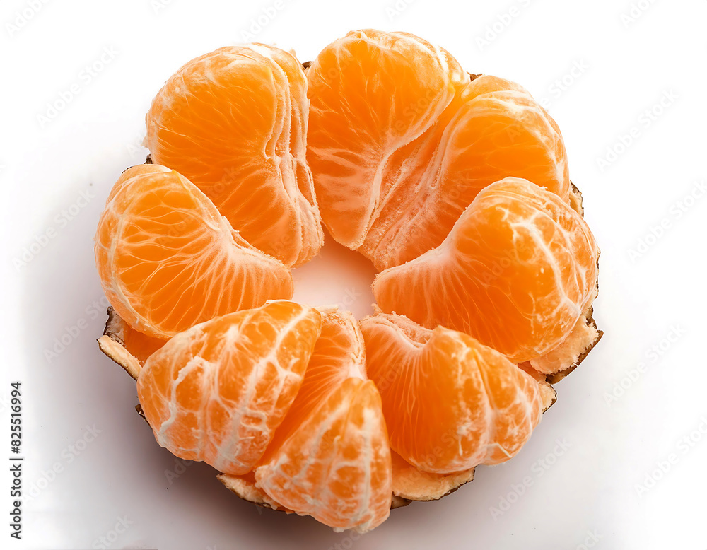 A circle of tangerines, orange fruit, fresh mandarins, and citrus is placed over white.  generative ai