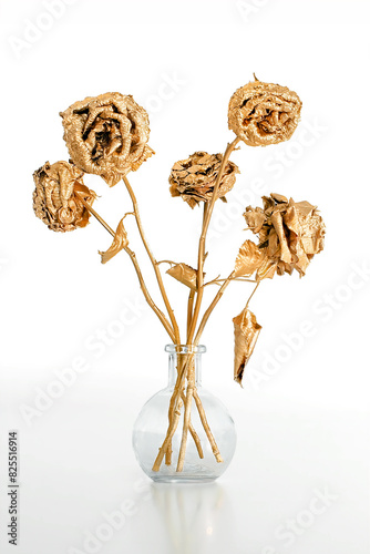 Golden dried roses in glass vase isolated on white background