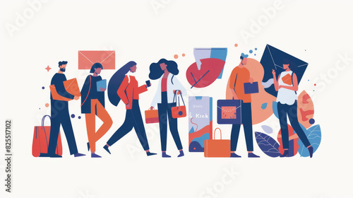 Vibrant illustration of diverse people engaged in shopping with abstract elements