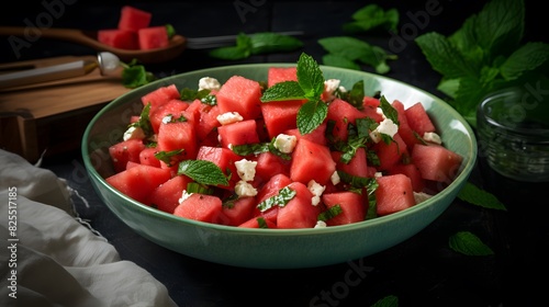 Wallpaper Mural Fresh watermelon and feta cheese salad with mint leaves on a plate. Torontodigital.ca