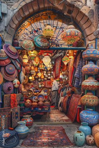 Vibrant Bazaar Stall Selling Handmade Rugs and Lanterns in Marrakech During Daytime