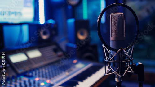 Close-up image of a studio microphone against a backdrop of audio equipment photo