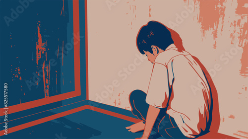 Depressed Boy Sitting Alone in Dark Corner, Red and Blue Tones