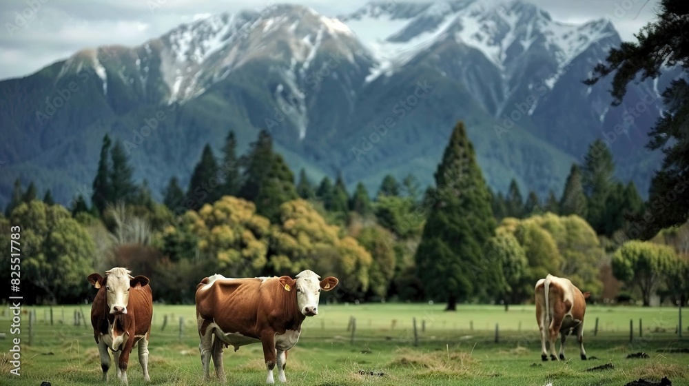   A cow grazes on the verdant meadow near the snow-capped peaks