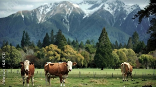  A cow grazes on the verdant meadow near the snow-capped peaks