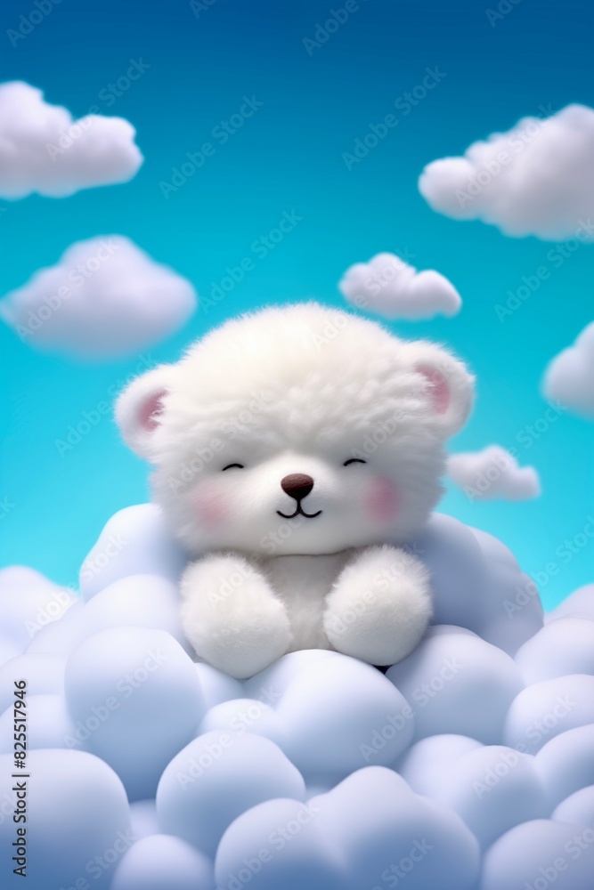 a cute white 3d teddybear asleep on cloud, sky with clouds in background