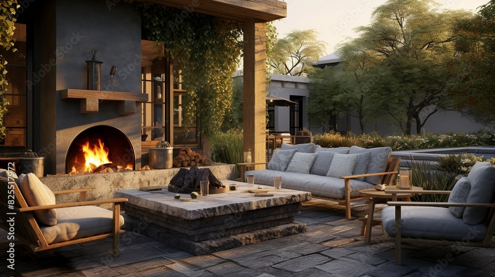 A photo of a stylish outdoor lounge area with a fireplace A photo of a stylish outdoor lounge area with a fireplace
