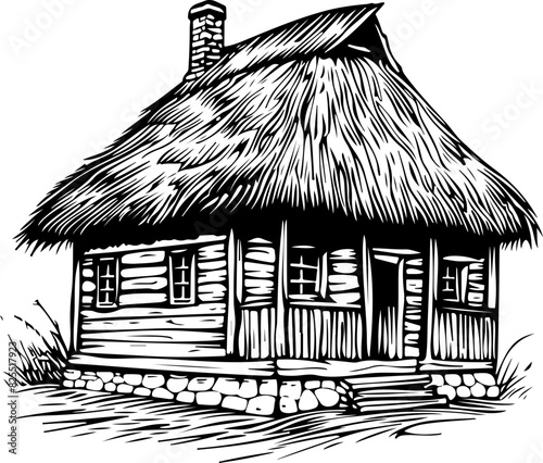 Traditional Balkan Cottage with Thatched Roof Illustration