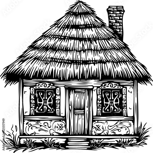 Illustration of Rustic Thatched Roof Cottage