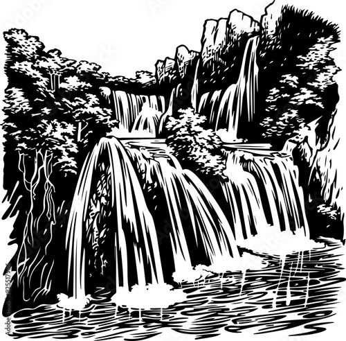 Black and White Illustration of Cascading Waterfalls in Forest
