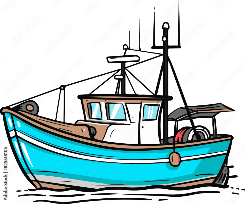 Illustration of a Blue Fishing Boat on Water