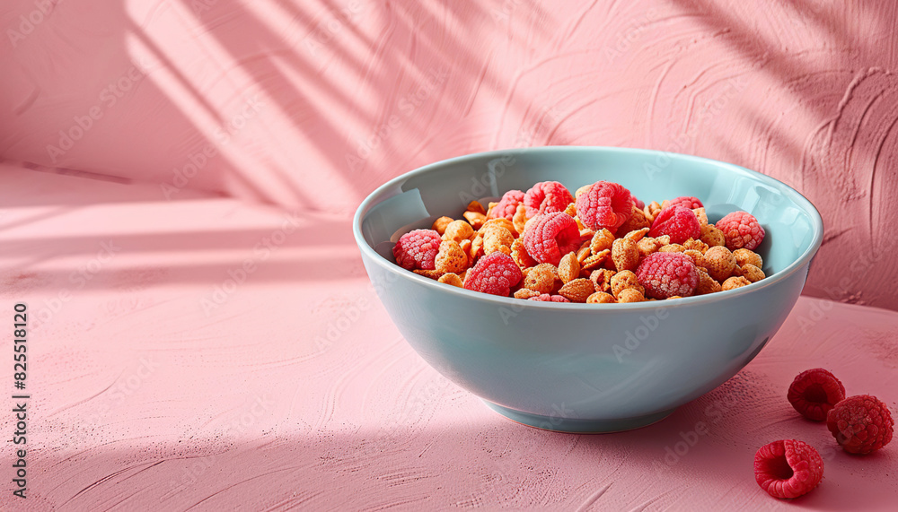 A bowl of cereal with raspberries on pink. Generated by AI. A bowl of cereal with raspberries on pink. Generated by AI.