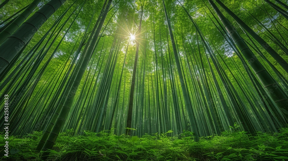 Fototapeta premium Bamboo Grove, illuminating the tranquil surroundings with a warm glow.