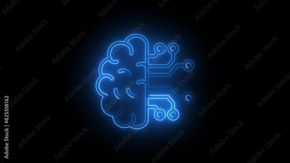 Human brain with tech icon. Neon icon with silhouette man head gears. Mental health concept. Abstract circuit brain animation.