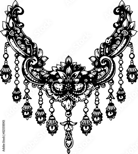 Intricate Black and White Floral Necklace Design with Pendants