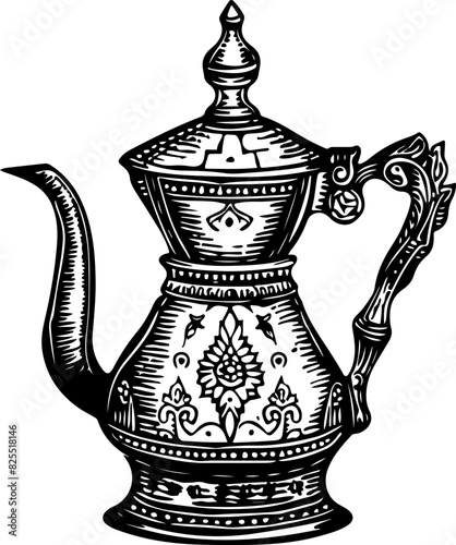Intricately Designed Black and White Traditional Teapot